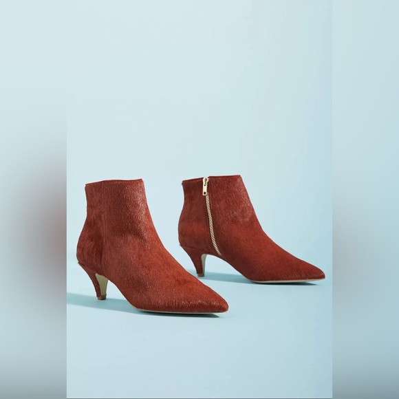 NWOB Anthropologie Calf Hair Pointed Toe Kitten Heel Booties Red Brown Maroon 6 - Picture 3 of 8